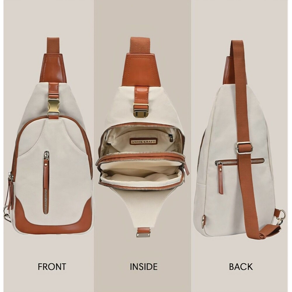 ANTIK KRAFT Beige Brown Crossbody Sling Bag Adjustable Strap Pockets